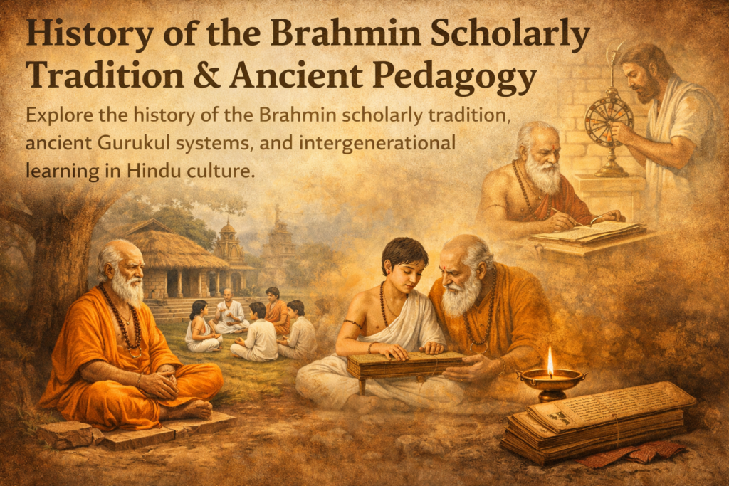 A detailed historical representation of the history of the Brahmin scholarly tradition, ancient Gurukul systems, and intergenerational learning in Hindu culture.