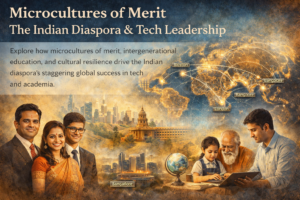A global map highlighting tech hubs, representing microcultures of merit, the Indian diaspora's global success, and intergenerational education patterns.