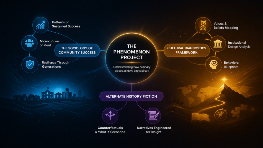A comprehensive mind map of The Phenomenon Project by Dr. Rahul Kashyap, detailing the sociology of community success, cultural diagnostics, and alternate history fiction.