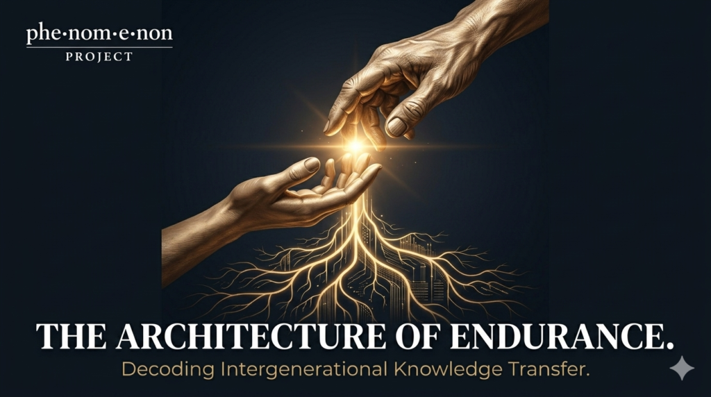 An older hand guiding a younger hand over an open, aged book, symbolizing the intergenerational transfer of knowledge and discipline.